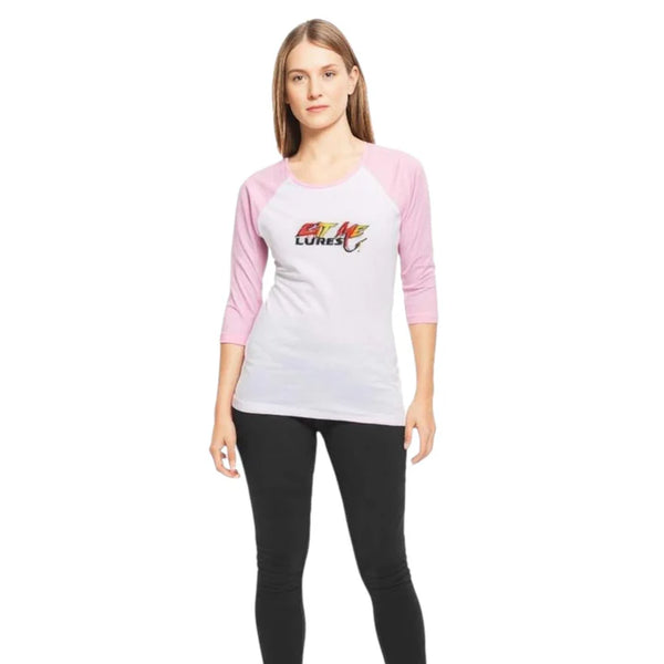 Women's White With Pink Sleeves Eat Me Fishing Shirt