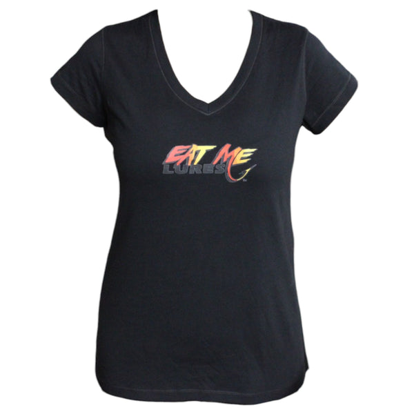 Women's Black V-Neck Eat Me Fishing Shirt