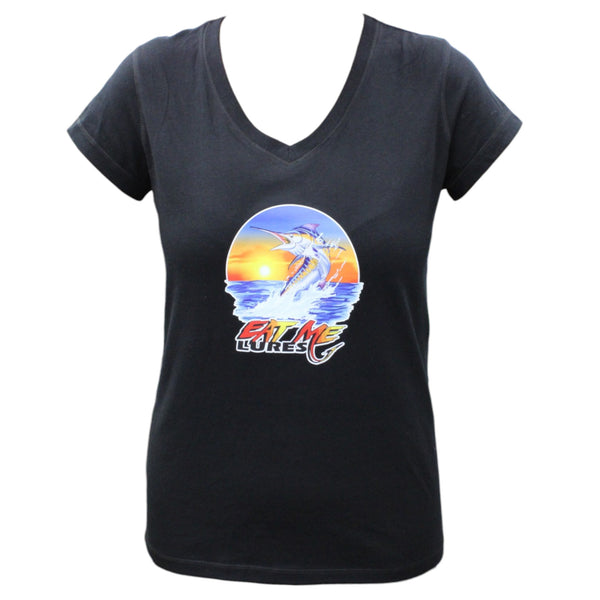 Women's Black V-Neck Marlin Fishing Shirt
