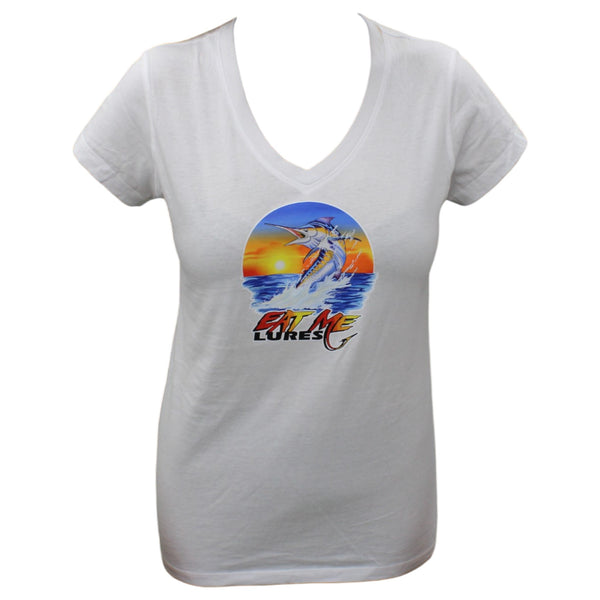 Women's White V-Neck Marlin Fishing Top